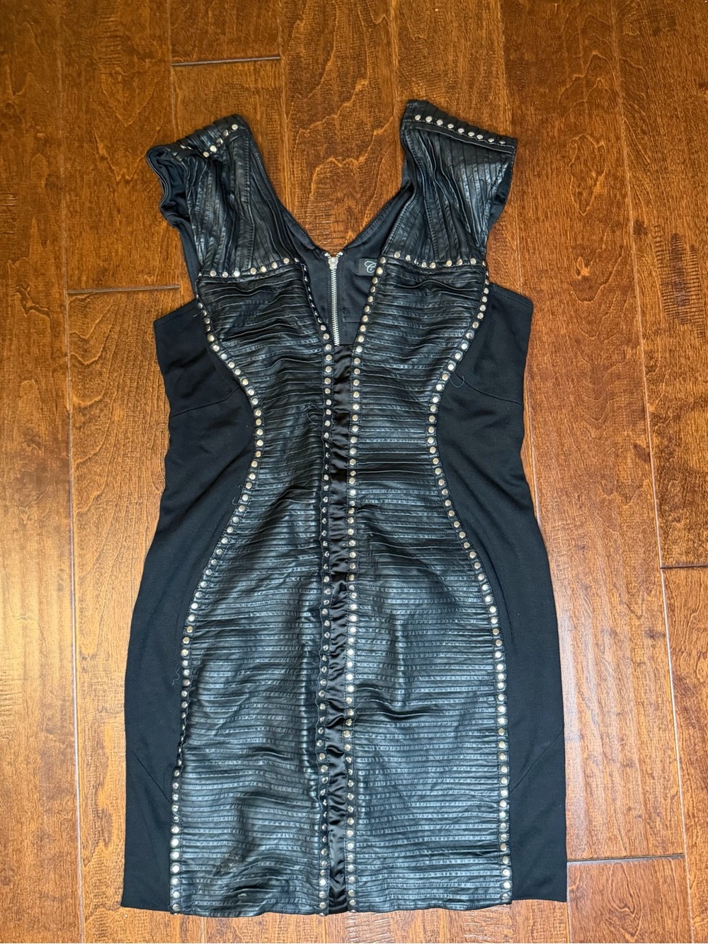 Venus Couture Black Studded Faux-Leather Panel Bodycon Dress